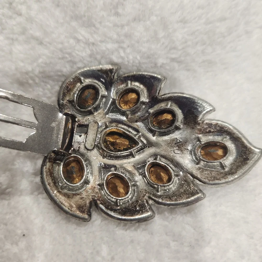 Vtg Silver‎ Tone Teal Blue Rhinestone Peacock Feather Dress Fur Clip pot metal
